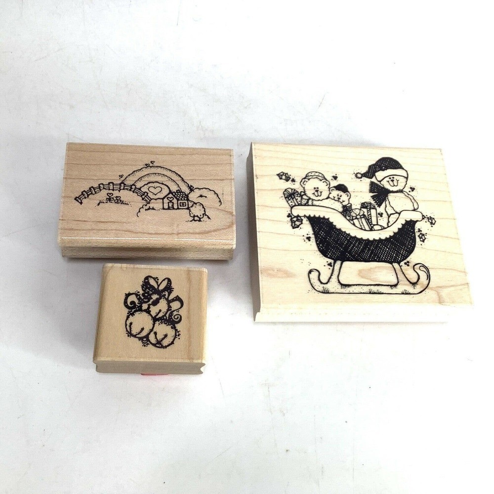 𝅺3 D.O.T.S. Rubber Stamp‎ Wood Sleigh Bears X Mas Bells Country Meadow Gift New